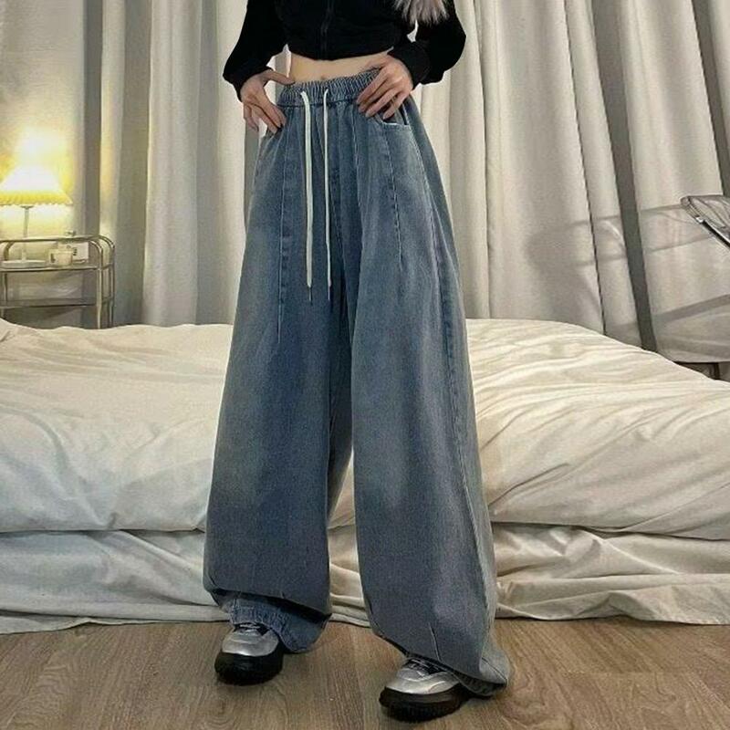 Baggy Wide Leg Jeans Women Vintage Washed Denim Pants Deep Crotch Pockets Straight Long Pants Casual Straight Denim Trousers