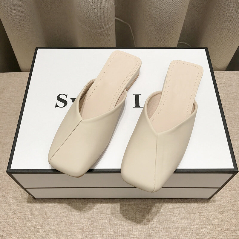 Женские полутапочки во французском стиле, верхняя одежда, Новинка лета 2024, минималистичные мягкие кожаные тапочки на низком каблуке с квадратным носком