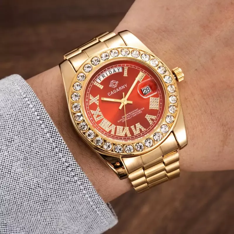 Papel hip hop relógio masculino cagarny luxo moda quartzo relógios homem diamantes relógio de pulso à prova dwaterproof água ouro aço relogio masculino