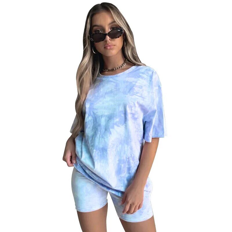 Tie Dye Short Sleeves O Neck Tees Pullover Tops Women Clothing Sports Casual T-shirt Femme Summer Fashion Two Pieces Shorts Set
