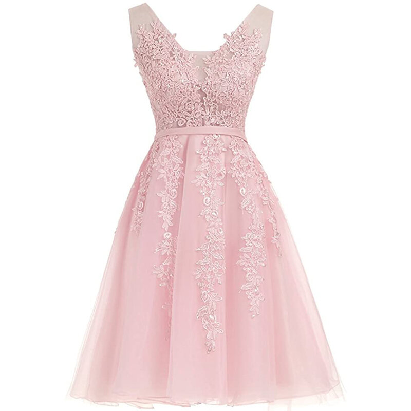 Różowa księżniczka tiulowa sukienki na powrót do domu krótka, koronkowa aplikacje juniorzy bal ślubny suknie wieczorowe z łapówkarską V Back Vestidos de fiesta