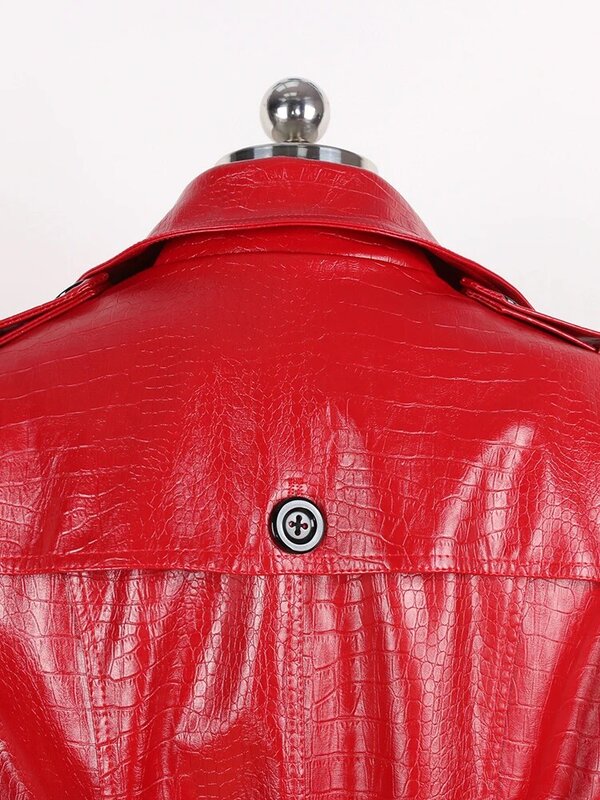 Nerazzurri Spring Long Red Shiny Hard Crocodile Print Pu Leather Trench Coat for Women Belt Double Breasted European Fashion 5xl