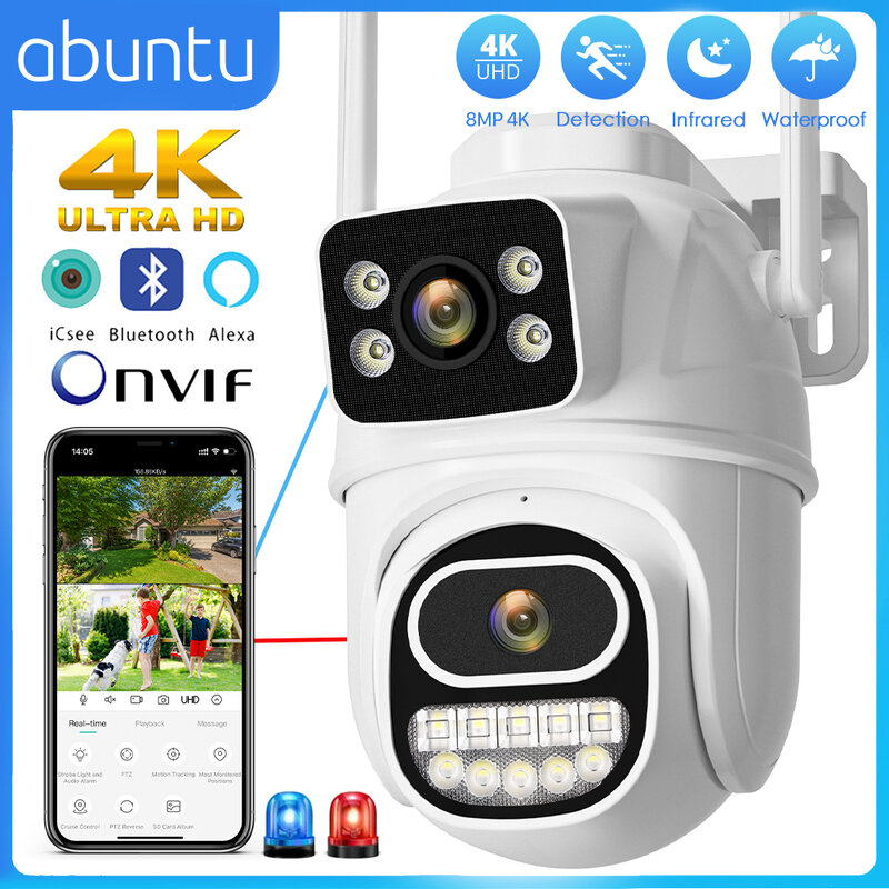 Câmera de vigilância de segurança impermeável ao ar livre, lente dupla, PTZ, cor IR, visão noturna, casa inteligente, IP, 8MP, 4K