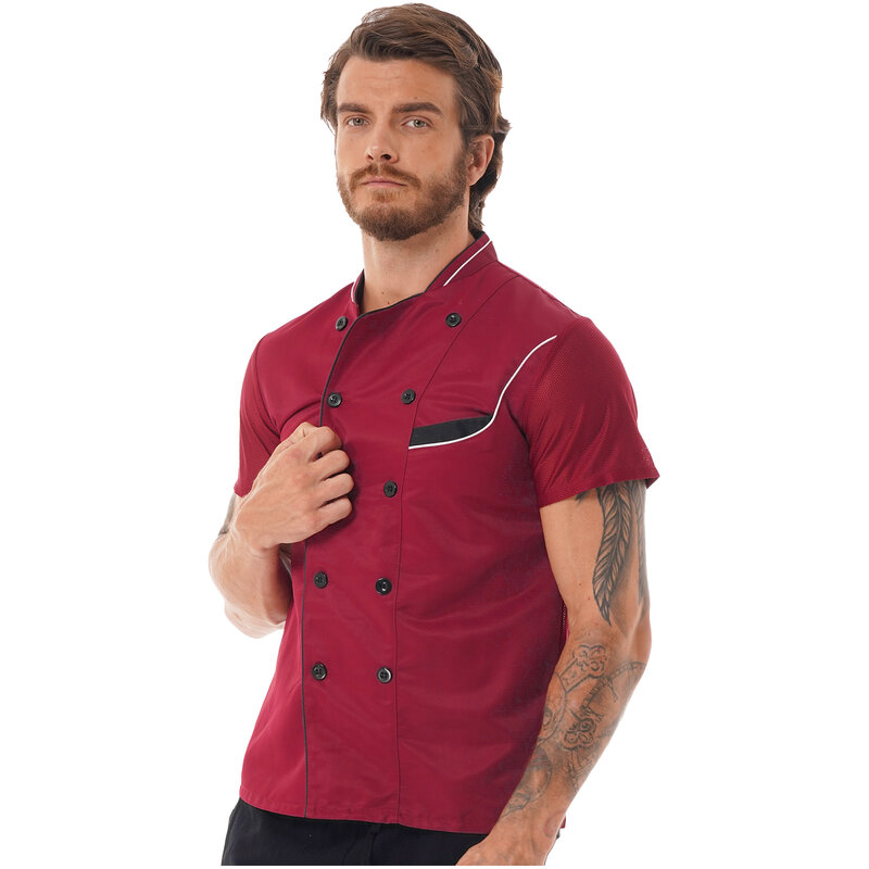 Men's Chef Jacket Short Sleeve Button Chef Coat Hotel Restaurant Kitchen Work Shirt Food Service Clothes Catering Cook Uniform