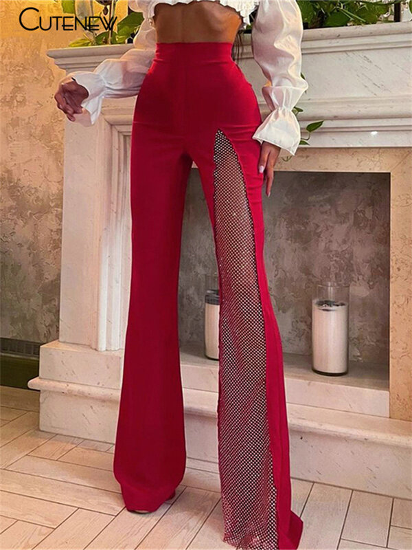 Cutenew Sexy Mesh Patchwork One Shoulder Playsuits Women Elegant Solid Skinny Flare Pants Jumpsuit Fashion Lady Party Streetwear