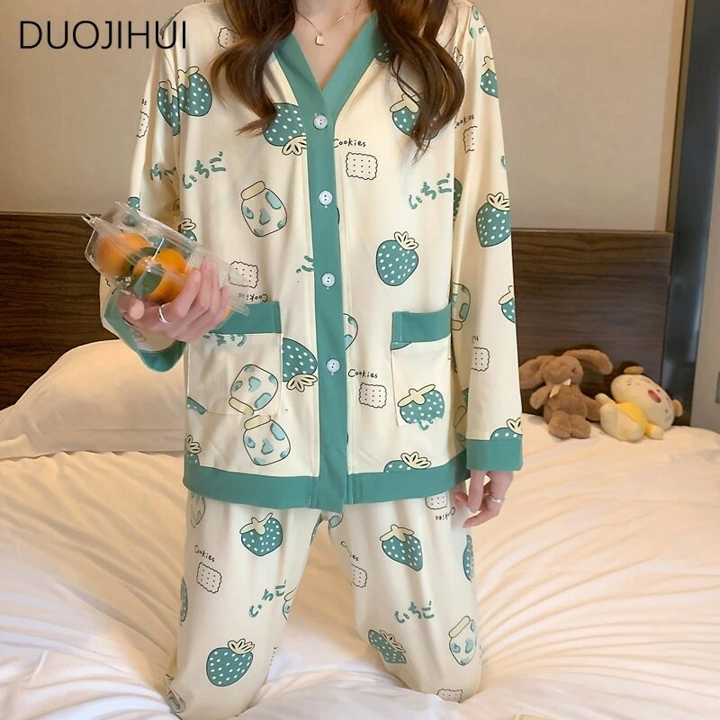 Duojihui ชุดนอนผู้หญิง2ชิ้น, ชุดนอนผู้หญิงทรงหลวมพิมพ์ลายแบบเรียบง่ายแฟชั่นรุ่นใหม่ใส่ในฤดูใบไม้ร่วง