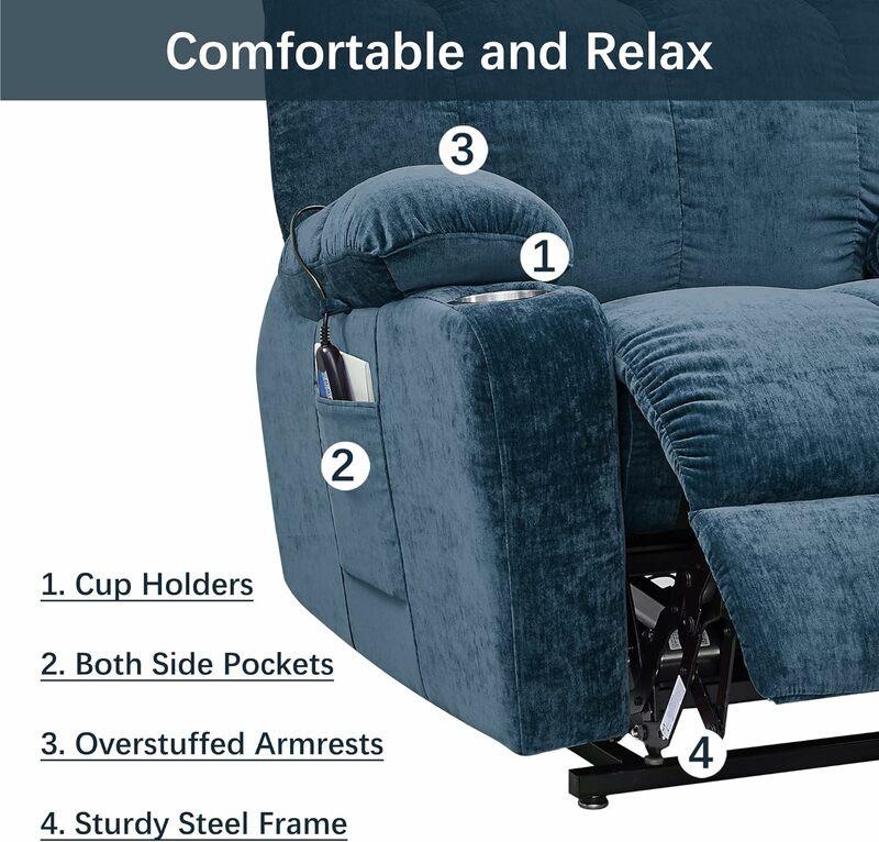 Oversize Power Lift Recliner para Elder, cadeira de massagem, vibração do motor duplo, tecido aquecido, sofá único, bolso lateral, presente