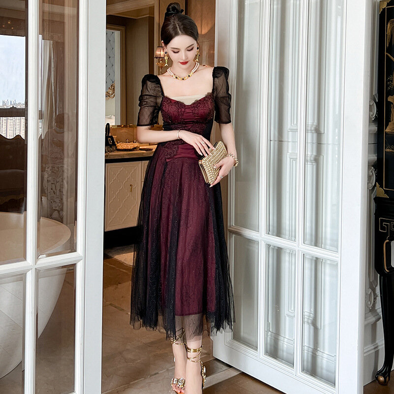 Harajpoo-vestido longo fofo francês feminino, estilo retrô, pescoço quadrado, malha da cintura, elegante, nova moda, verão, 2024