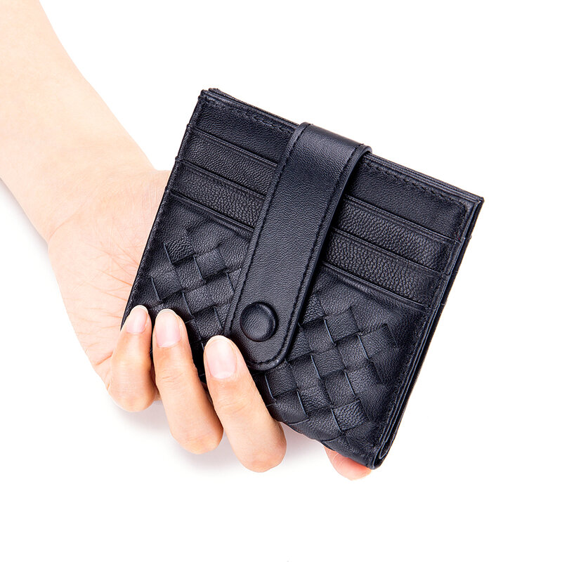 Faltbare hand gewebte Absätze Mann Geldbörse dünne kurze Verschluss Brieftasche Schaffell weiblich neu zusammen gezogene kleine Karten tasche