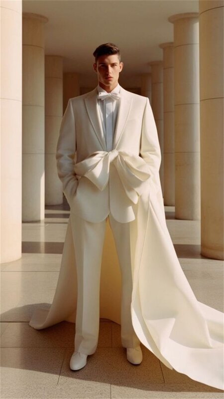 Weiße Männer Anzüge Set maßge schneiderte lange Zug jacke 2 Stück Blazer Hose Luxus Laufsteg Prom Bräutigam Hochzeit Smoking Mantel