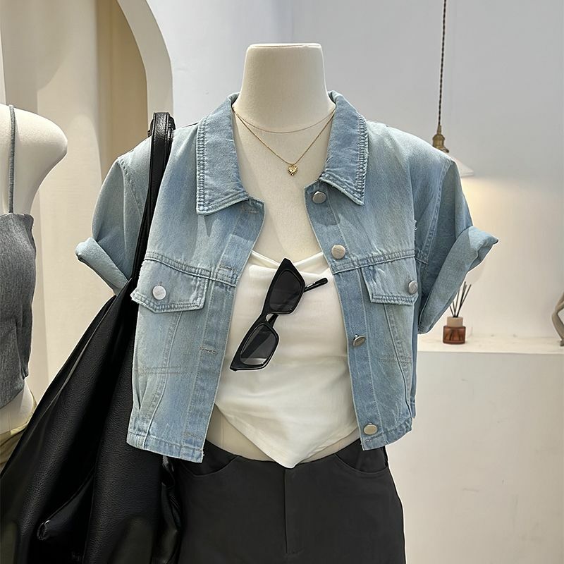 2023 neue Sommer Einreiher Jeans jacke für Frauen Loose Turn Down Kragen Kurzarm Jacke koreanische Mode Crop Coat