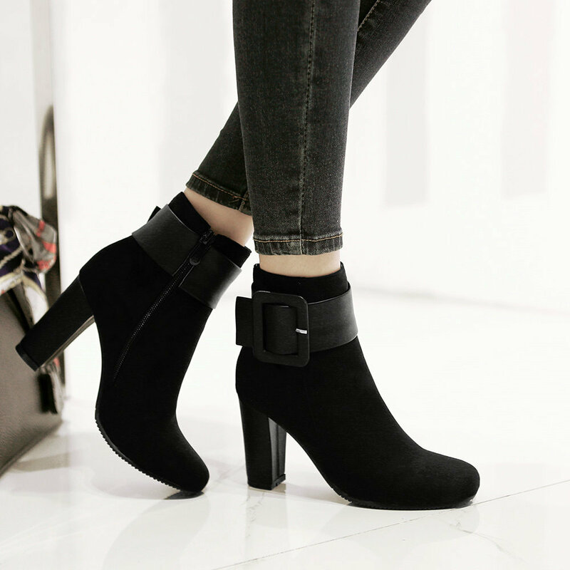 Women Ankle Boots Fashion Round Toe Ankle Buckle Chunky High Heel Platform Short Boots Side Zipper Suede Winter Shoes 32-43