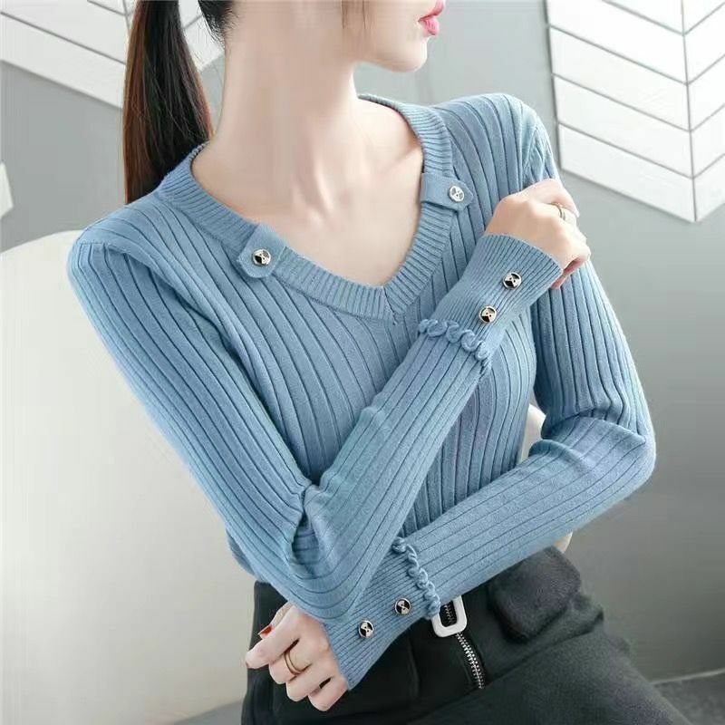 Jerseys de punto ajustados para mujer, suéteres de manga larga, Color sólido, botones que combinan con todo, ropa de temperamento, moda de otoño e invierno, nuevo
