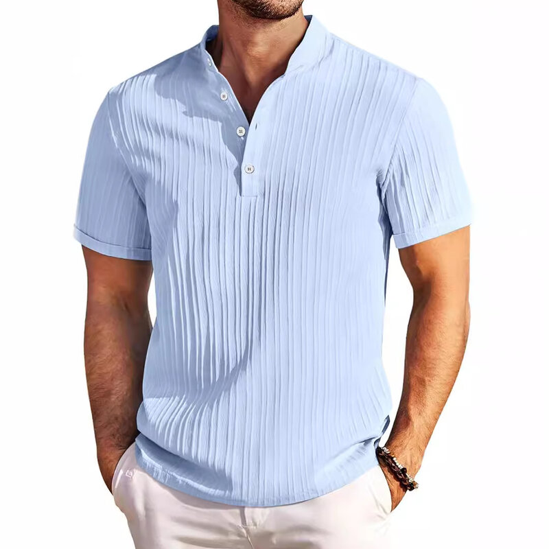 New British men's stand up collar retro cotton and linen striped Henry shirt casual loose fitting shirt