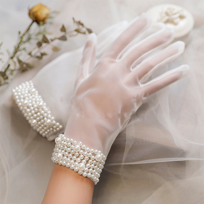 Luvas nupciais de tule branco macio para mulheres, curto, pérolas, comprimento do pulso, ópera, casamento, festa extravagante