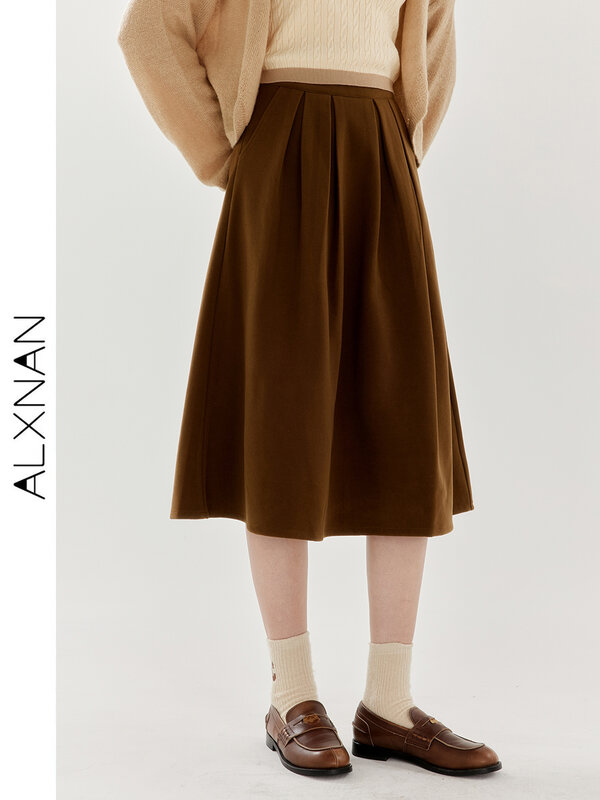 ALXNAN Elegant Brown Pleated Skirt For Women 2024 Autumn Winter New High Waist Midi A-Line Skirt Office Lady Outfit TM00803