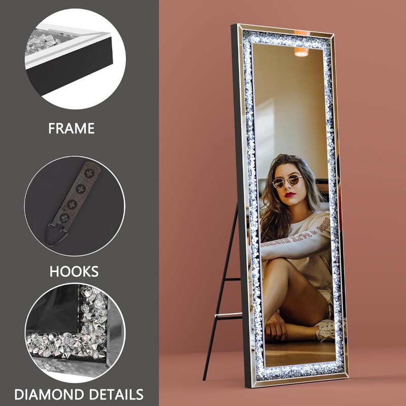 Полноразмерное зеркало 69 × 26 дюймов со стразами, Настенное подвесное алмазное зеркало со скошенной кромкой