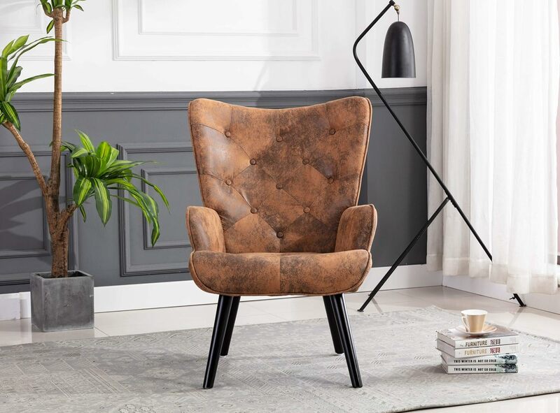 Dolonm rustykalny akcent krzesło Vintage skrzydełko z mikrofibry krzesło z oparciem amortyzowane wysokie krzesło z oparciem z połowy wieku z ramionami nogi z litego drewna