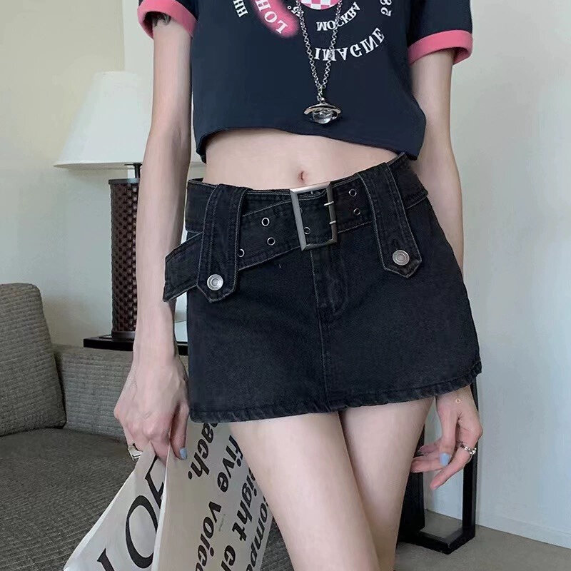 Deeptown rok Denim Vintage wanita Grunge hitam Y2K rok Mini seksi rok pendek pinggang tinggi Retro pakaian jalanan Wanita Korea Punk