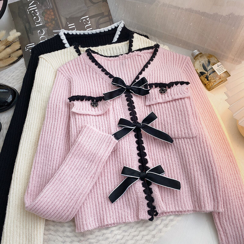 Miiiix Design Inspired Bow Tie Clip V-neck Knitted Cardigan for Women's 2024 Autumn/winter New Korean Long Sleeved Short Top