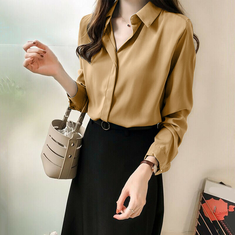 Women Casual Sspring And Summer Solid Color Long Sleeved Simple V Neck Shirt Tops Loose Simplicity Ladies Shirts Blouse