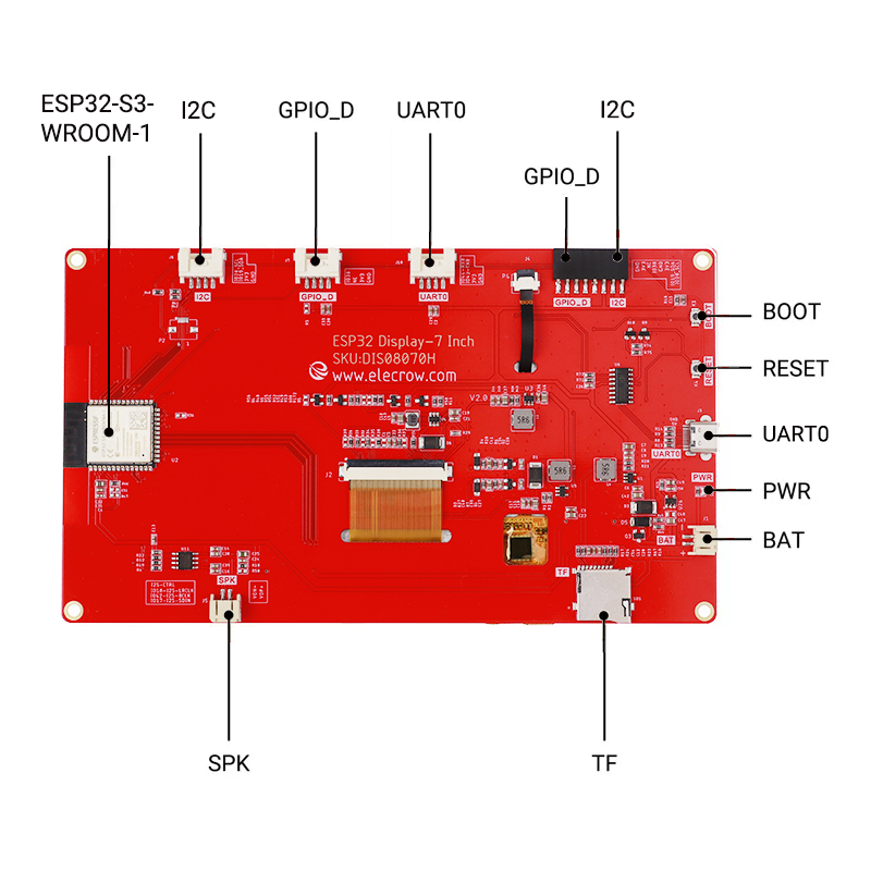 Crowpanel-7.0 Inch Smart Graphic 800X480 Rgb Spi Tft Lcd Module Touchscreen Display Esp32 Voor Arduino Micropython