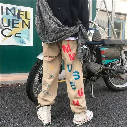 Celana Kasual Hip Hop Legging Longgar Jalanan Tinggi Potongan Lurus Gambar Grafiti Celana Panjang Pakaian Jalanan Sepeda Motor Wanita Celana Y2k