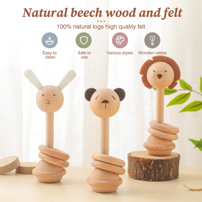 Wooden Teether for Newborn Baby Wooden Animal Rattle Toys 0 12 Months Baby Accessory Cartoon Novel Baby Care Tools Teether Toys