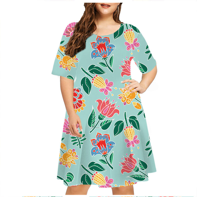 5XL 6XL Plus Size abiti da donna Summer Floral Print Dress Fashion Flower Power Hippie manica corta abito allentato prendisole Vestidos