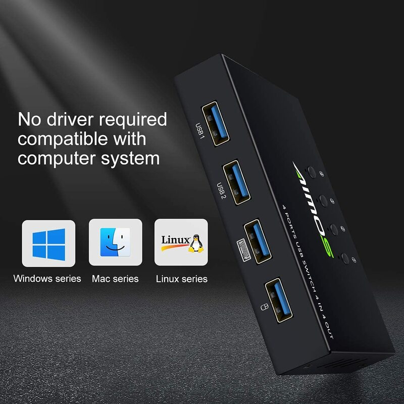 AIMOS-conmutador KVM USB para compartir, 4 ordenadores, 4 dispositivos USB, intercambio de un botón, para compartir ratón, teclado, impresora, escáner
