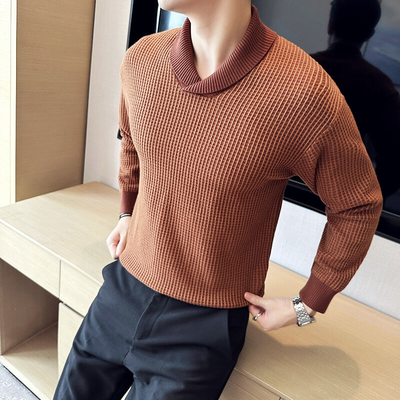 Suéter de malha elegante com gola de frutas masculino, pulôver com design de grade, roupa de marca coreana, suéter casual justo, malha masculina