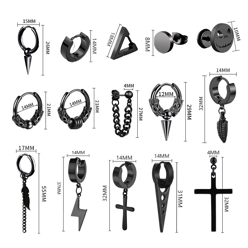 Brincos de aço inoxidável para homens e mulheres, joias de ouvido, punk, preto, vintage, hip hop, piercing, 1 pares