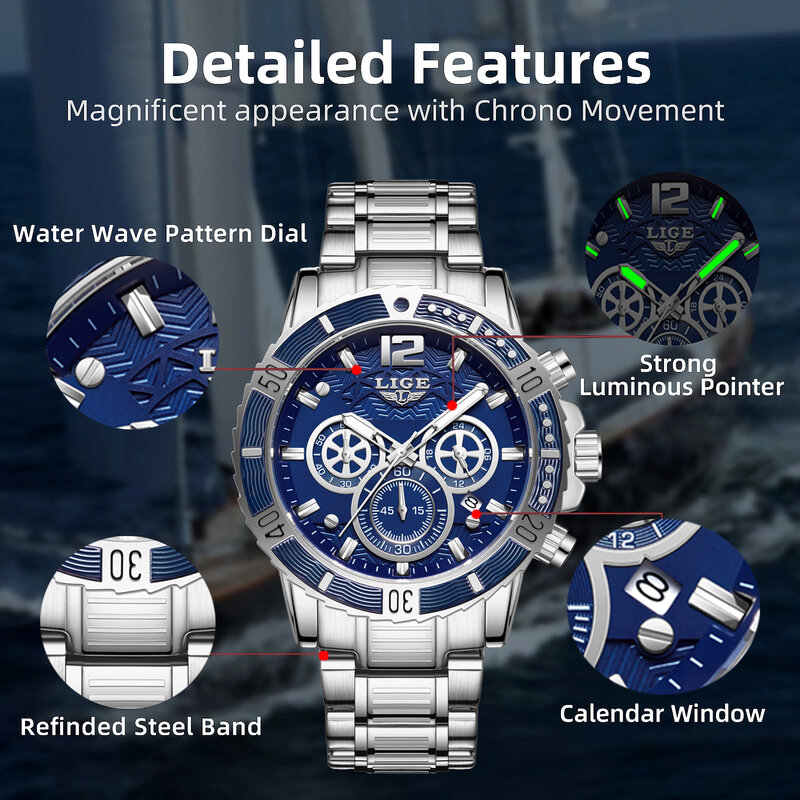 LIGE jam tangan bisnis pria, arloji Stainless Quartz tahan air konograf bercahaya olahraga reloj hombre