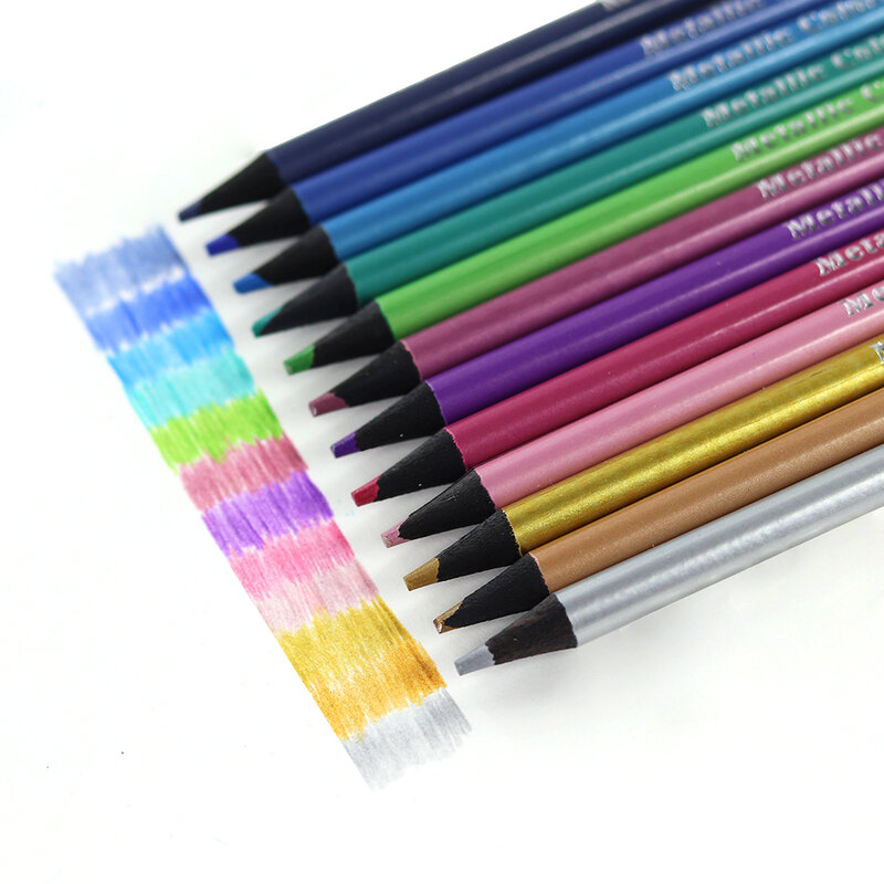 Brutfuner 12 Warna Metalik Pensil Warna Menggambar Sketsa Set Pensil Warna Kayu Lembut untuk Mewarnai Perlengkapan Seni Siswa Sekolah