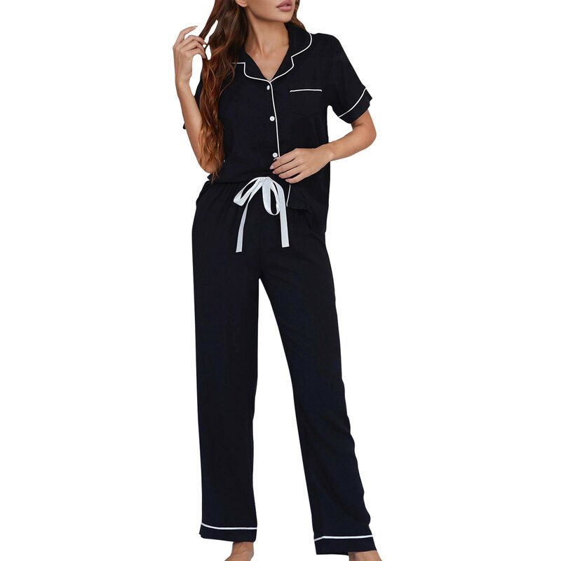 Conjunto de pijama de duas peças feminino, tops de manga curta com lapela, calça comprida reta solta, monocromática, roupa de casa, primavera, novo