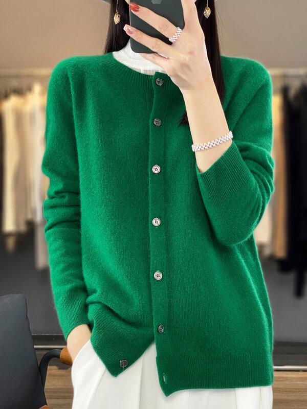 Cardigã de cashmere manga comprida para mulheres, suéteres 100% lã merino malhas com o pescoço, tops básicos, roupas da moda, primavera e outono