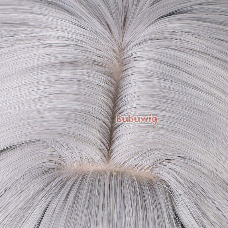 Bubuwig rambut sintetis perak serigala Wig Cosplay Honkai: rel Bintang Perak serigala 41cm abu-abu campuran biru Wig ekor kuda tahan panas