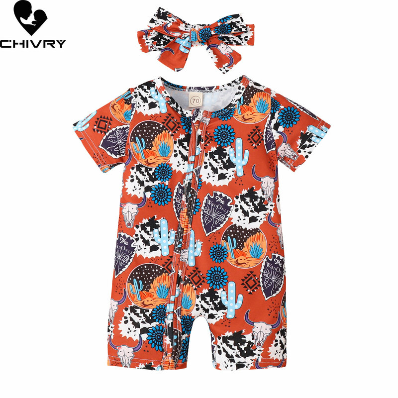 New 2023 Newborn Baby Boys Girls Cartoon Print Rompers Short Sleeve Zipper Romper Toddler Playsuit Bodysuit Infant Clothing