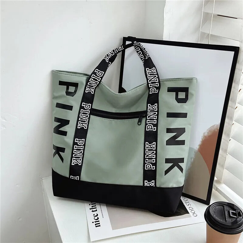 Colorblock Nylon Pink Letter Graphic Casual Sports Fitness Tote Handbags