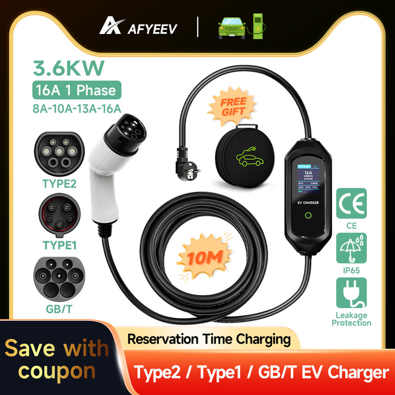 AFYEEV Portable Type2 IEC62196-2 EV Charger 16A GB/T EVSE Charging Cable Type1 SAE J1772 EU Plug Controller Wallbox for Car