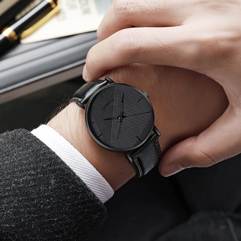 3 buah Set jam tangan pria simpel modis jam tangan pria bisnis gelang manik-manik hitam tali kulit jam tangan kuarsa Reloj Hombre