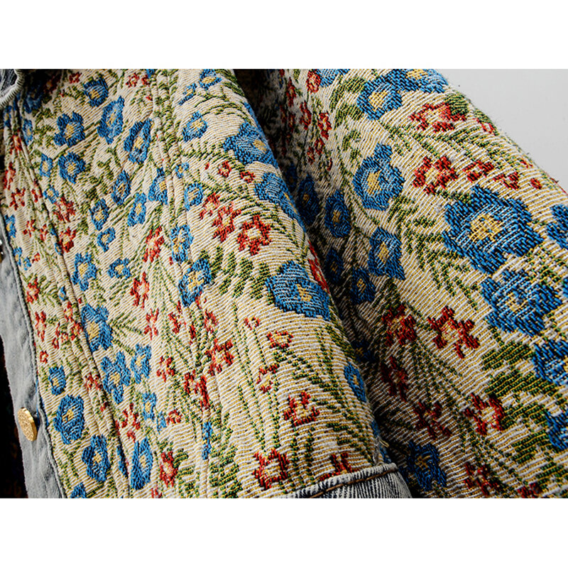 여성용 자카드 자수 피터팬 칼라 데님 재킷, 루즈한 짧은 카우보이 겉옷, 캐주얼 청바지 재킷, 용수철 가을