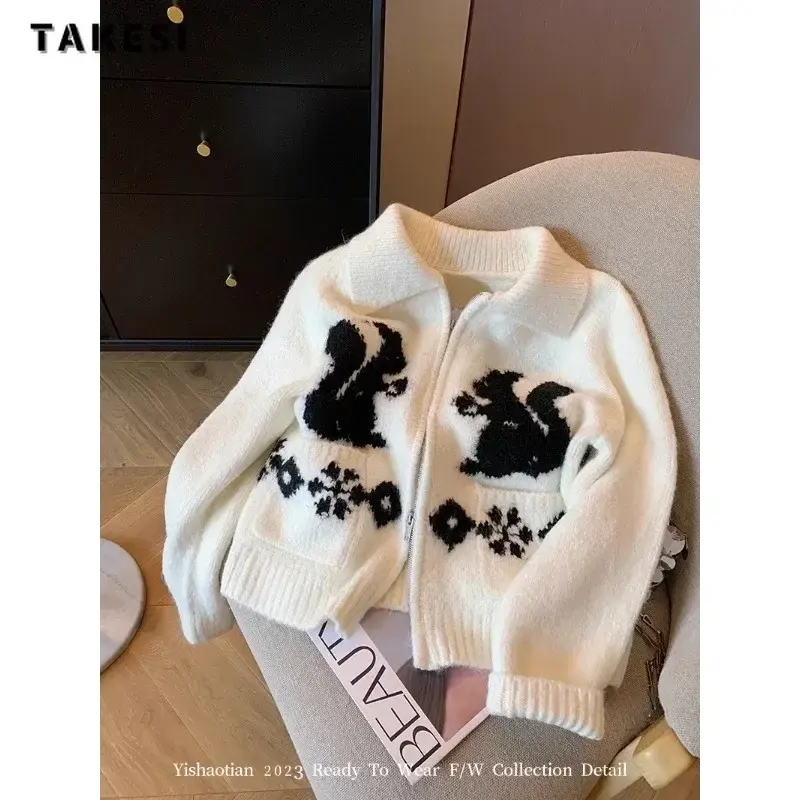 Women Vintage Y2K Animal Print Knitting Long Sleeve Cardigans 2024 Spring Casual Single Breasted Korean Turn Down Collar Sweater