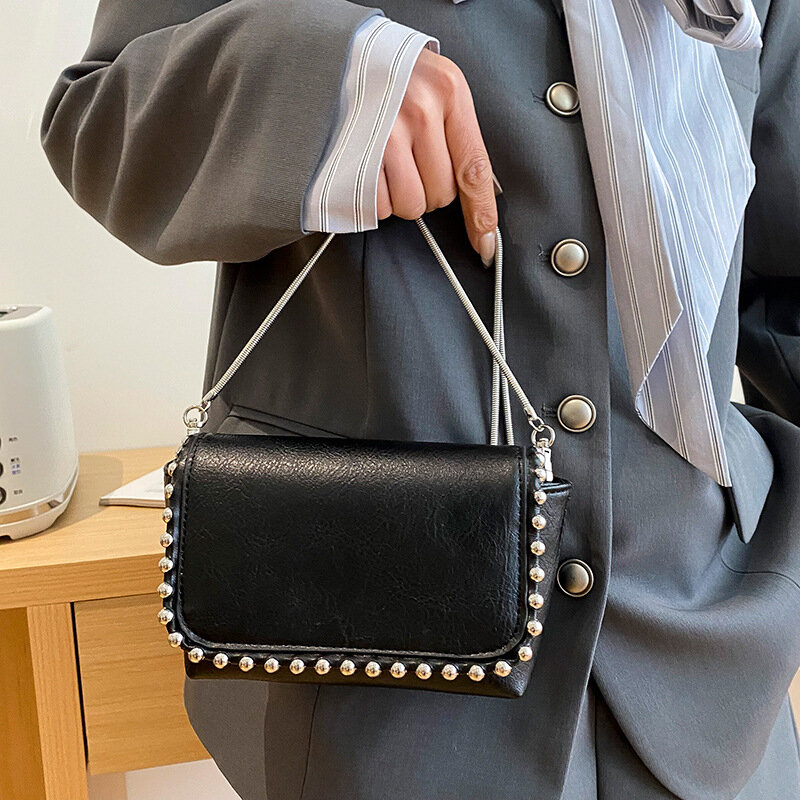 Fashion Rivet Crossbody Bags for Women Luxury Beading Shoulder Bag Black PU Leather Handbags Chains Flap Lipstick Phone Purses