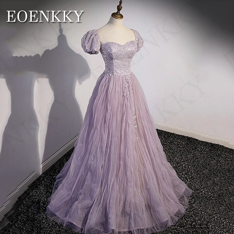 Fioletowa linia sukienka na studniówkę luksusowego tiulu 2024 linia perły pasek sukienki imprezowe odpinane cekinowe bufiaste rękawy vestidos de noite