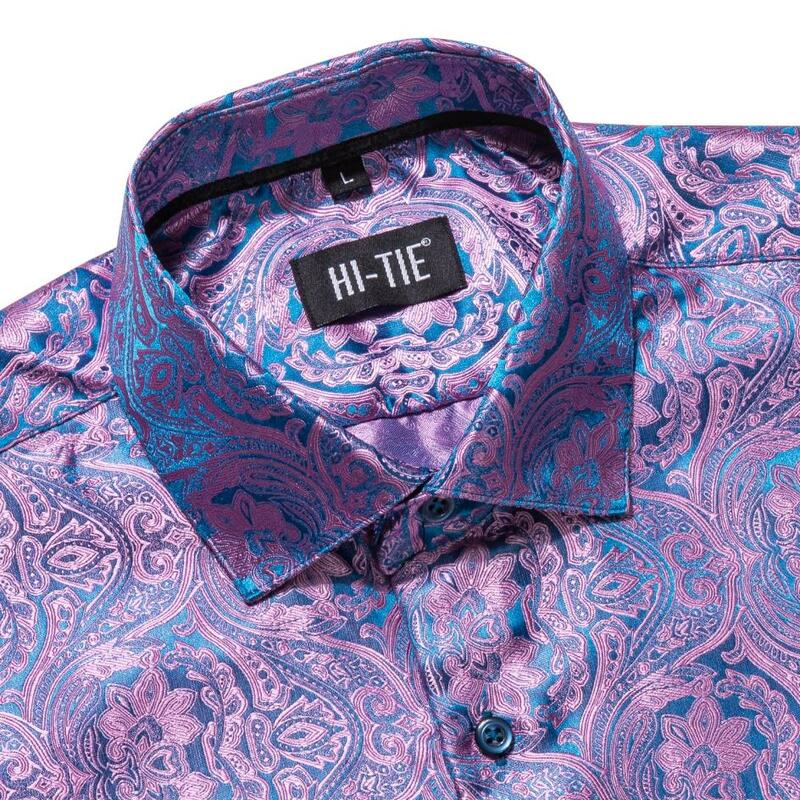 Hi-Tie – chemises en soie pour hommes, manches longues, coupe ajustée, or, bleu, rouge, Beige, bordeaux, rose, violet, gris, haute qualité