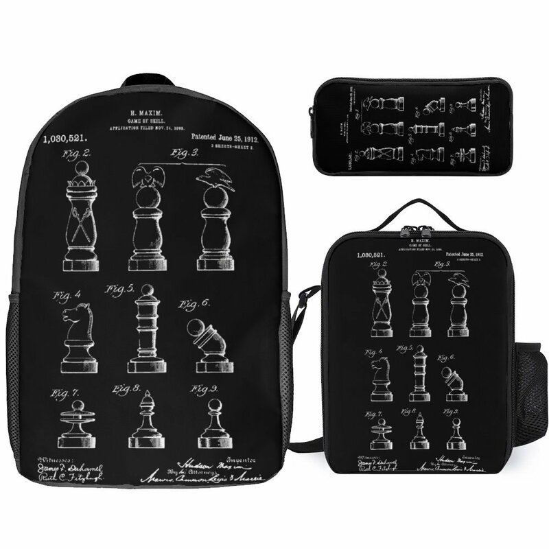 3 in 1 Set 17 Inch Backpack Lunch Bag Pen Bag Chess King Queen Icons Black And White Abstract Lasting Premium Comfortable Travel