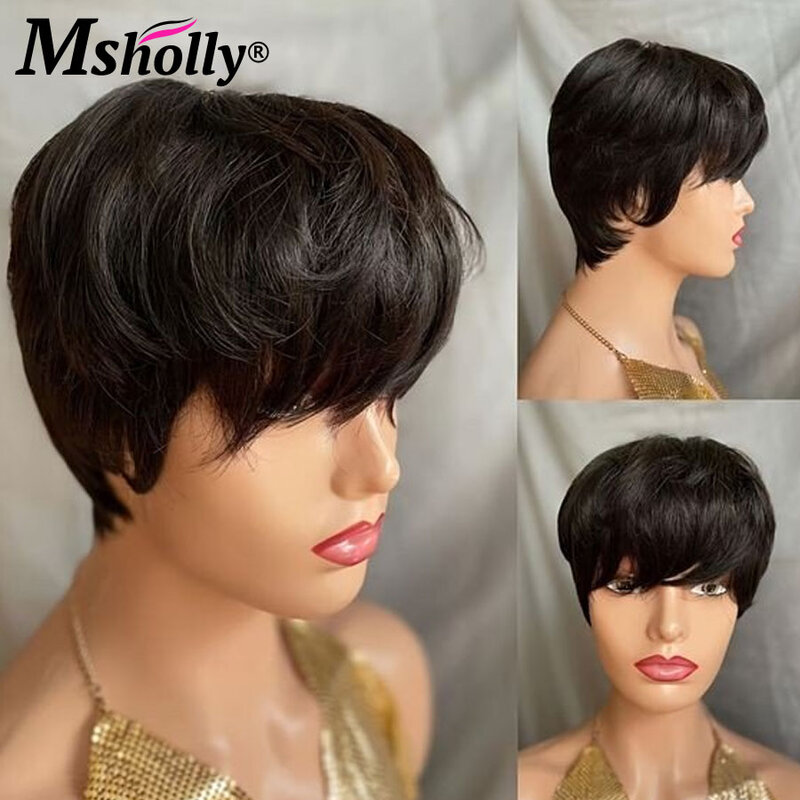 Glueless Short Pixie Cut Human Hair Wigs For Women Machine Made Wig With Bangs Short Bob Cheap Natural Ready To Wear Wigs