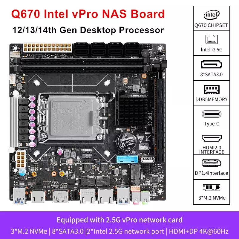 Placa-mãe Intel VPro 8-NAS Bay, 12, 13, 12th Gen, LGA1700, CPU, 3x, NVMe, 8x, SATA3.0, 1x PCIEx16, 2x DDR5, 2x2.5G LAN, Mainboard
