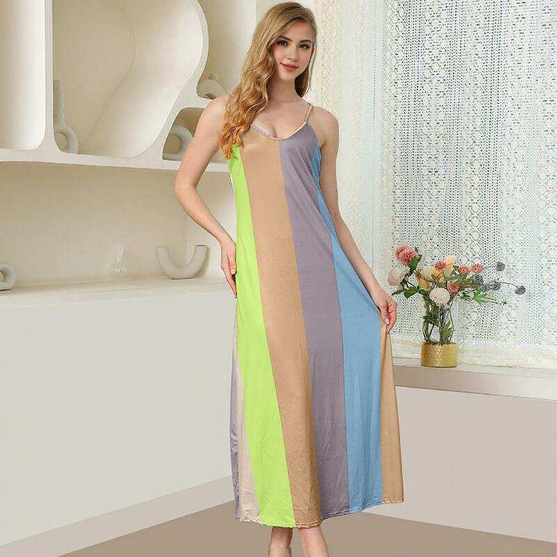 A-line Summer Women Slip Dress V Neck Colorblock Patchwork Strappy Dress Backless Sleeveless Slim Fit Beach Homewear Maxi Dress